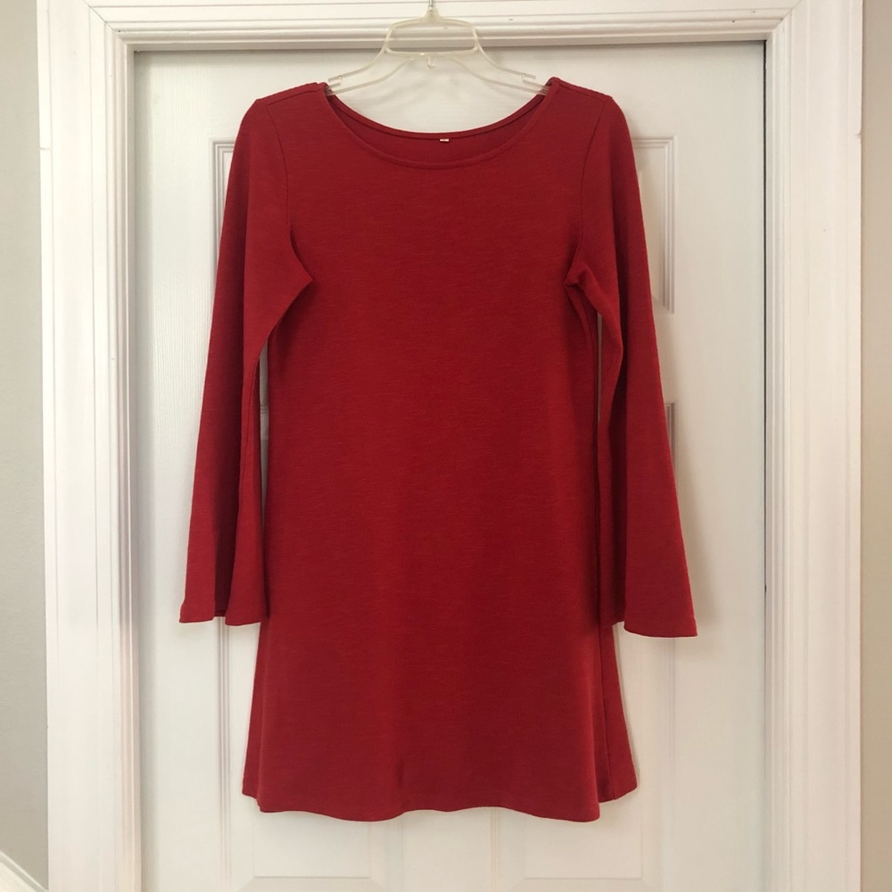 SheIn Cotton Red Long Bell Sleeve Shift Dress - Picture 12 of 16